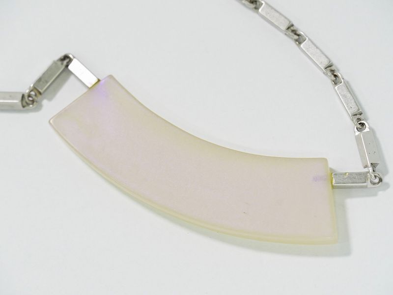 Authentic Chanel Logo Necklace Pendant Plastic Metal Silver Hardware White