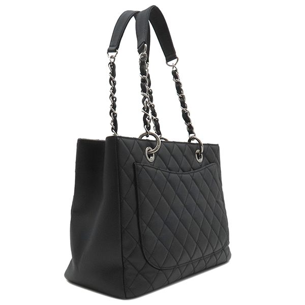 Chanel Gst Tote Bag Caviar Skin Black Silver Hardware Black Matelasse Chain