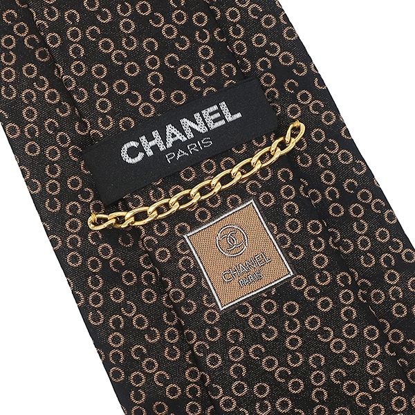 Chanel Necktie Co Pattern 9.5cm (3.74in) Silk Black and Gold Black Alphabet
