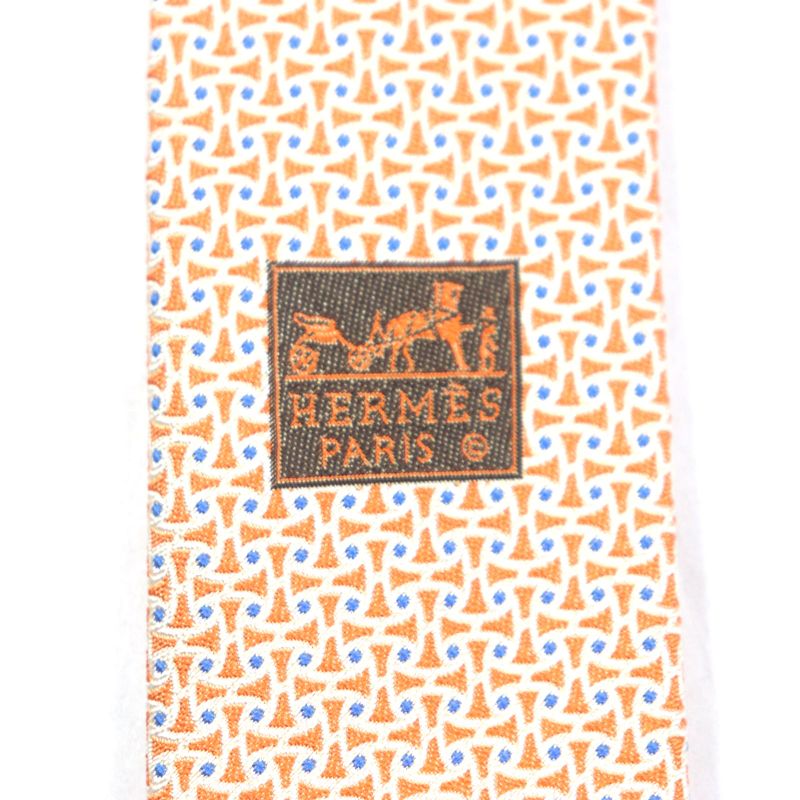 Hermes 659082t 100% Silk All-over Pattern Necktie Orange Blue With Box Made In
