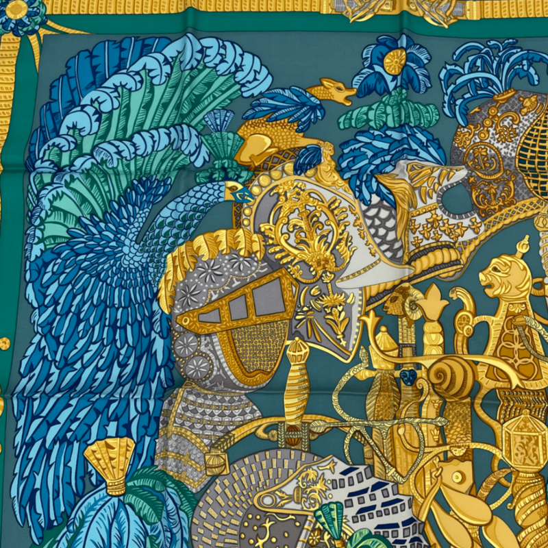 Hermes Scarf Carre 90 Armets Et Panache Cavalry Helmet With Feather Decoration