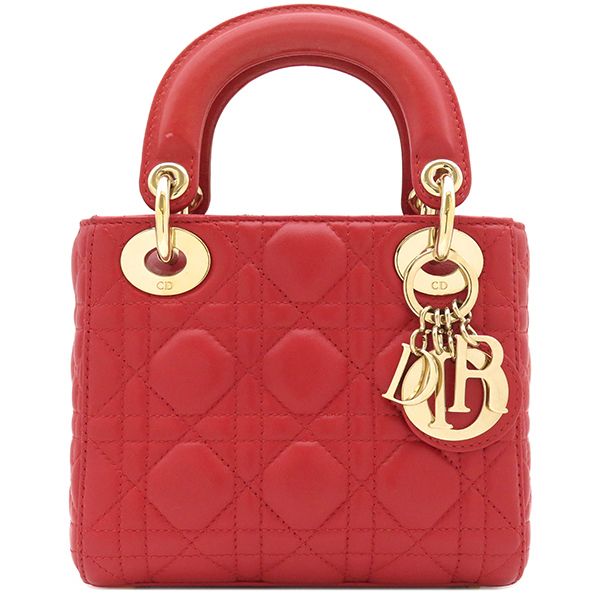 Christian Dior 2way Bag Lady Dior Mini Lambskin Red Gold Hardware Red Shoulder