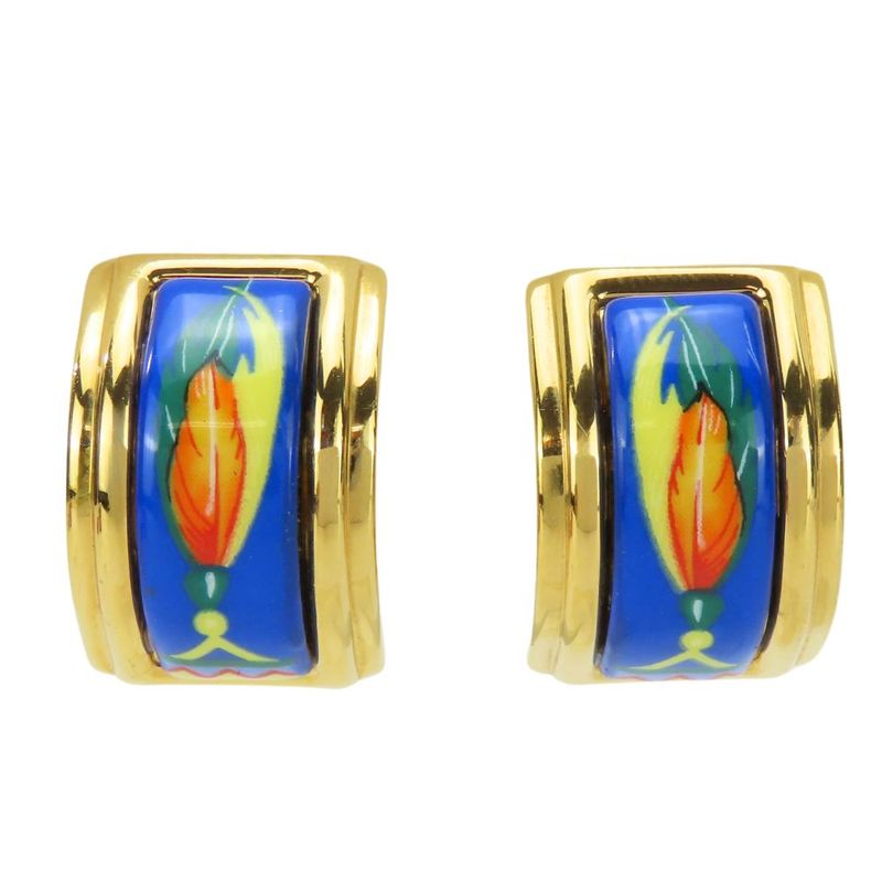 Hermes Earring Emile Feather Pattern Metal Cloisonne Blue Multicolor Plated