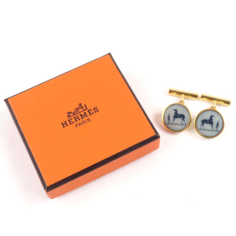 Hermes Corozo Carriage Logo Horse Motif Cufflinks Button Cufflinks Gray Navy