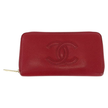 Chanel Coco Mark Red Gold Hardware Leather Long Wallet Round Zipper Ladies