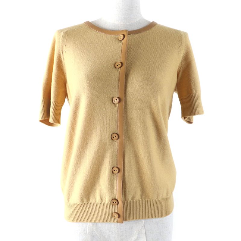 Hermes 100% Wool Lamb Leather Trim Short Sleeve Knit Cardigan Top Yellowish 36