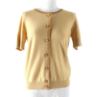 Hermes 100% Wool Lamb Leather Trim Short Sleeve Knit Cardigan Top Yellowish 36