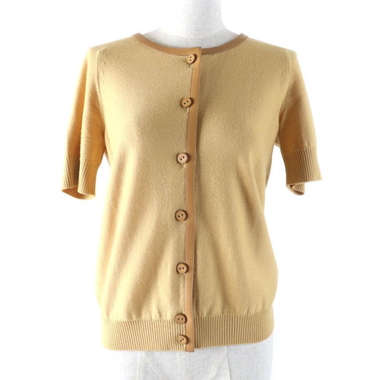 Hermes 100% Wool Lamb Leather Trim Short Sleeve Knit Cardigan Top Yellowish 36