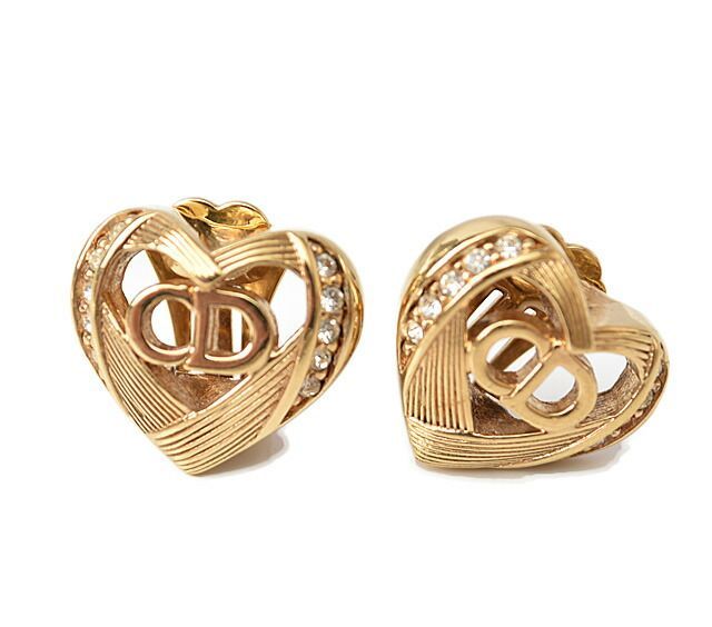 Christian Dior Earrings Christian Dior Vintage Heart Motif Rhinestone Gold