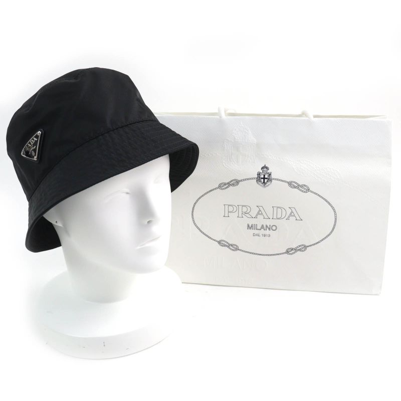Prada 1hc137 Triangle Logo Triangle Logo Plate Re-nylon Bucket Hat Black M Made