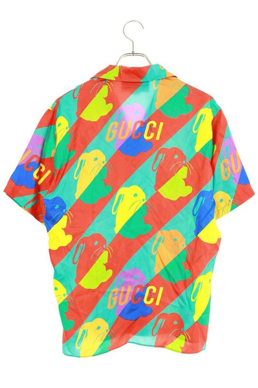 Gucci 723823 Zal0s Bunny Printed Silk Short Sleeve Shirt Men 44