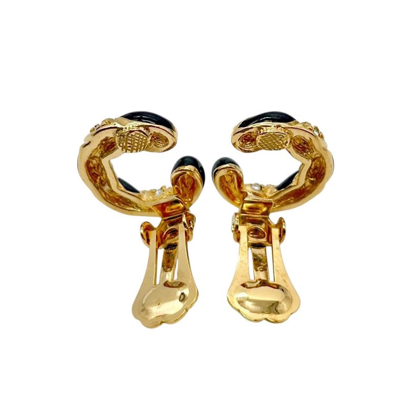 Christian DIOR Earrings Metal Black Stone Rhinestone Twisted Gold