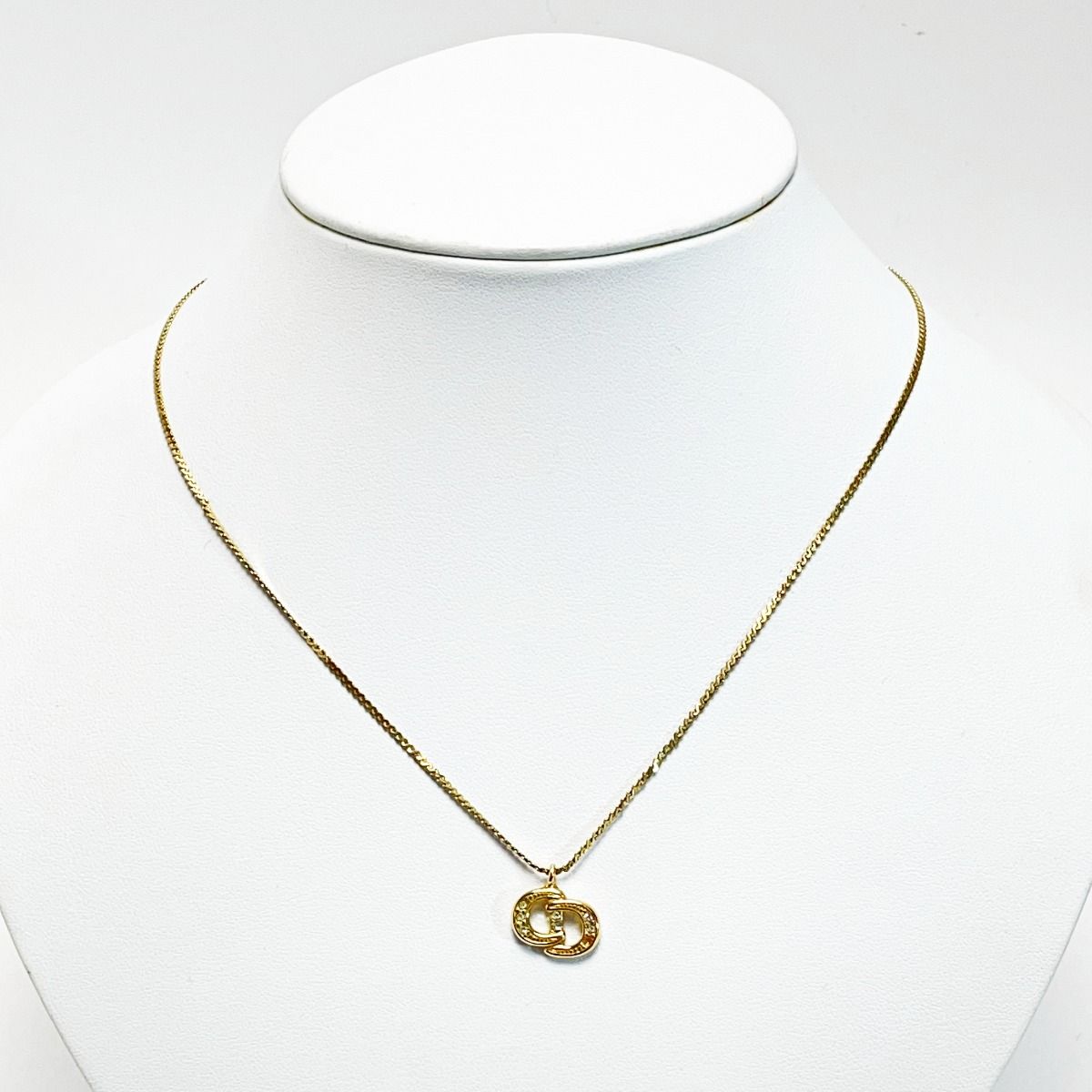Christian Dior CD Logo Necklace Gold Rhinestone GP Women's Accessories
