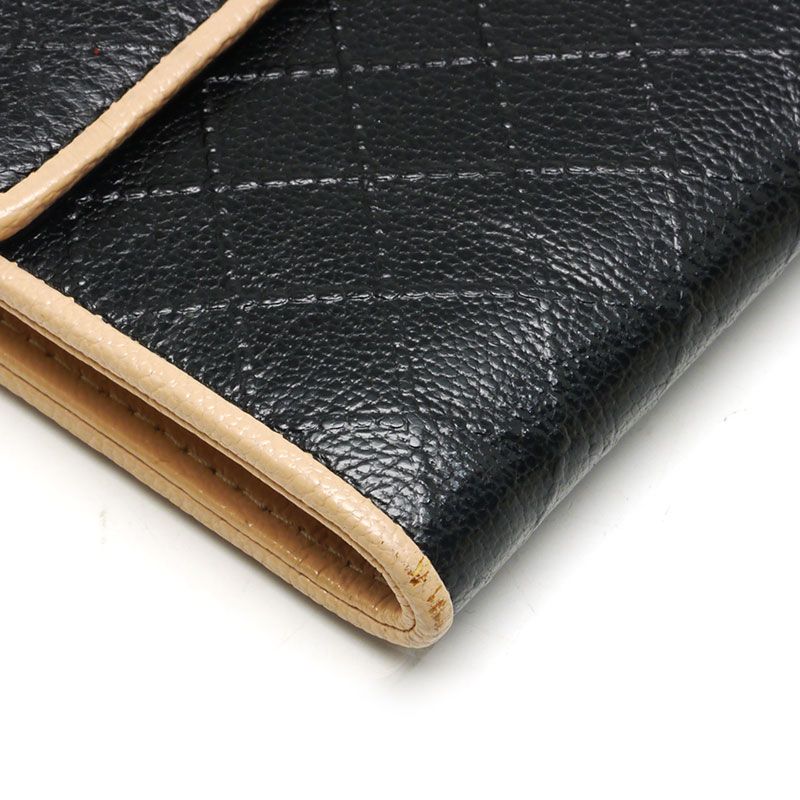 Chanel Trifold Long Wallet Bicolore Black Leather Women's Wallet