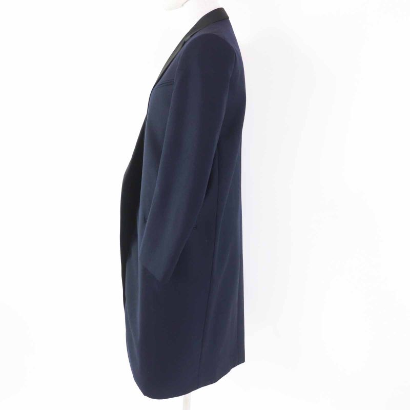 Celine 2 8h28/5065 Phoebe Philo Satin Lapel Crombie Coat Navy Black 34 Made In