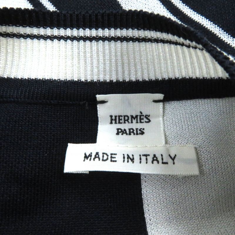 Hermes 24 Year None Order Silk Knit Jacquard Short Sleeve Knit Navy White 38