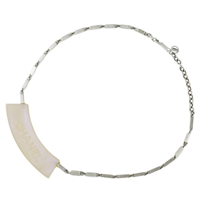 Authentic Chanel Logo Necklace Pendant Plastic Metal Silver Hardware White