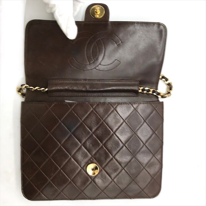 Chanel CC Logo Quilted Lambskin Chain Shoulder Bag Push Lock Brown