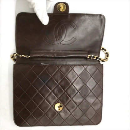 Chanel CC Logo Quilted Lambskin Chain Shoulder Bag Push Lock Brown