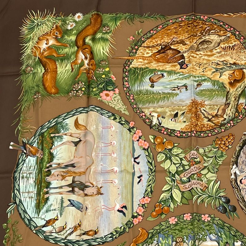 Hermes Carre 90 LES Quatre Saisons Four Seasons Brown Animal Floral Scarf Silk