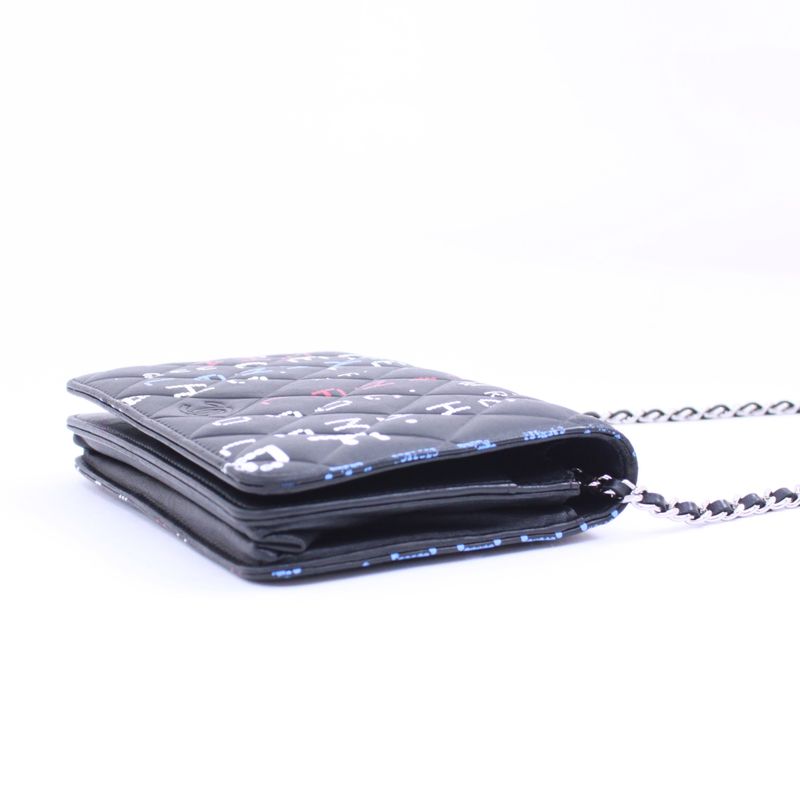 Chanel Typography Chain Wallet Leather Black Multicolor Shoulder Bag Silver