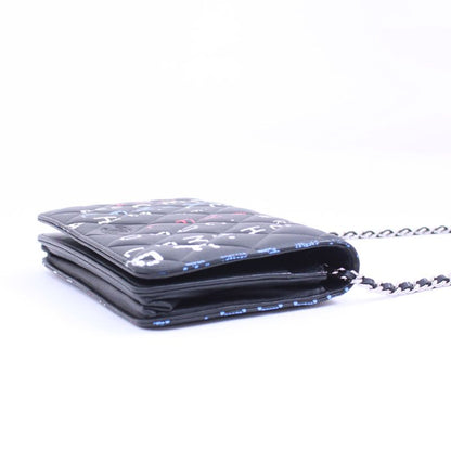 Chanel Typography Chain Wallet Leather Black Multicolor Shoulder Bag Silver