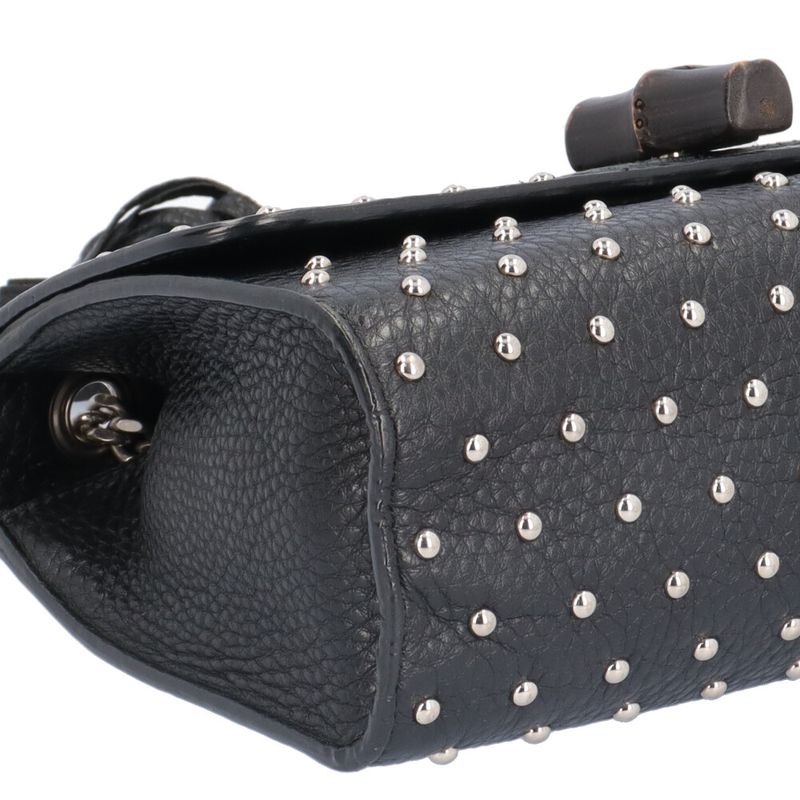 Gucci Studded Bamboo Shoulder Bag Leather 387611 Black Ladies Gucci