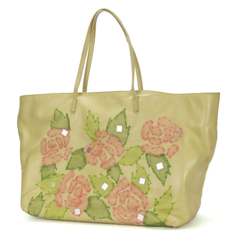 Fendi Tote Roll Bag Leather Beige Pink Green Silver Hardware Shoulder Floral A4