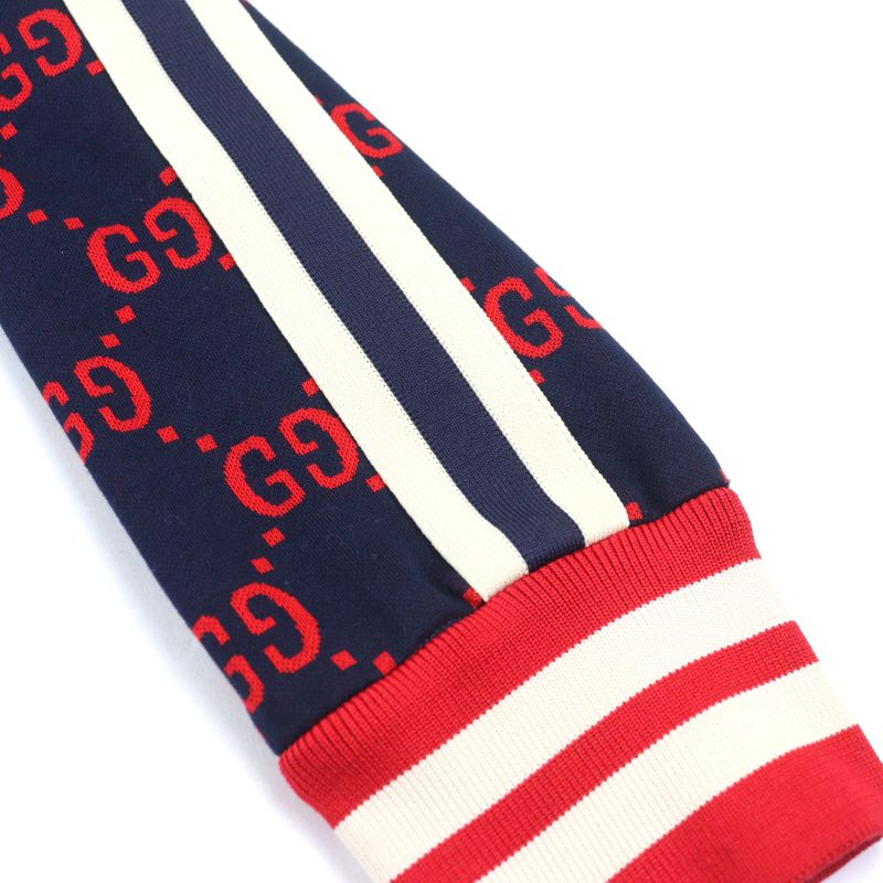 Gucci 496919 100% Cotton GG Jacquard Logo Zip Sideline Track Jacket Navy Red