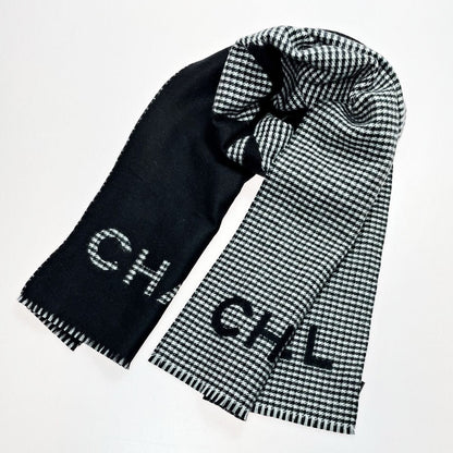 Chanel Stole Black Gingham Check Wool X Cashmere Women's