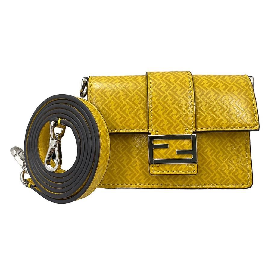 Fendi Flat Baguette Shoulder Bag Card Case Calf Leather Yellow Silver Hardware