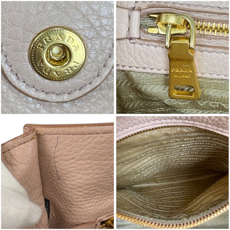 Prada 2WAY Tote Shoulder Bag Vittero Dino Leather Triangle Logo Pink Beige