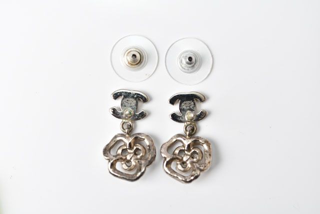 Chanel Earrings Coco Mark Camellia Swing Rhinestone Silver