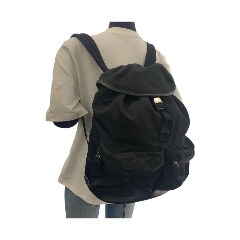 Prada Tessuto Triangle Logo Plate Black Silver Hardware Nylon Backpack Women