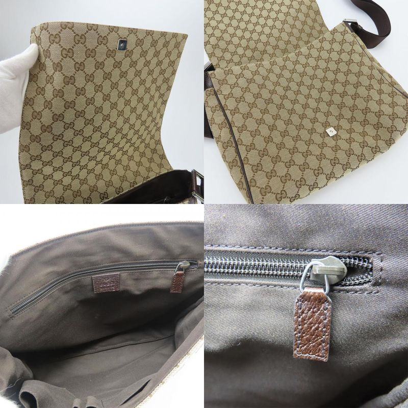 Gucci Shoulder Bag 146236 GG Canvas Leather Beige Brown Silver Hardware