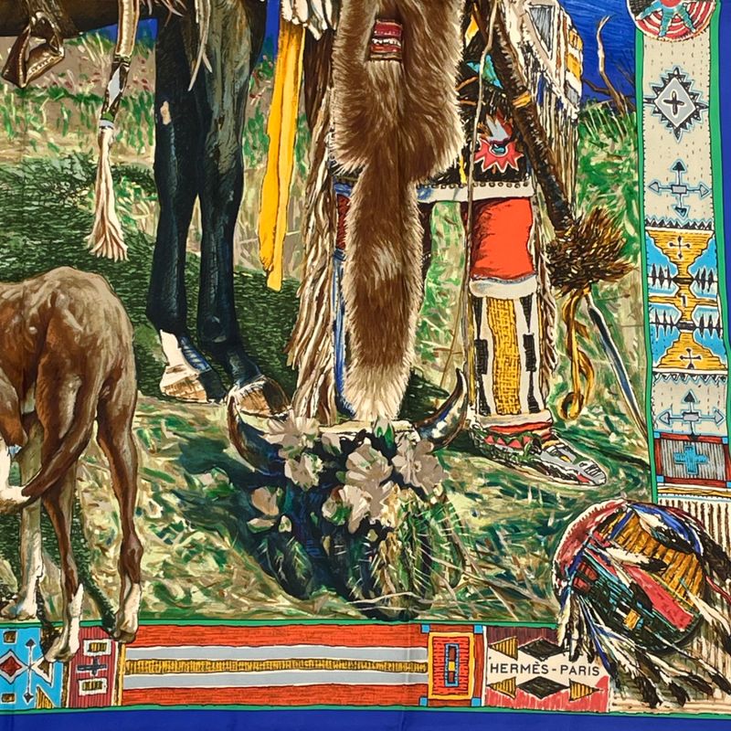 Hermes Les Cheyennes Cheyenne Carre 90 Silk Navy Multicolor