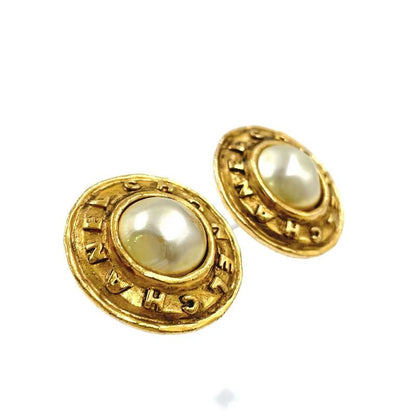 Chanel Old Chanel Logo Faux Pearl GP X Faux Pearl Ivory X Gold Earrings