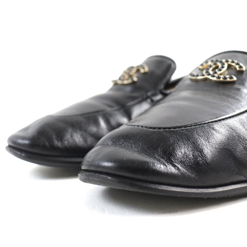 CHANEL 2023 23A G45008 Coco Mark Shiny Calfskin Leather Loafers Black 36