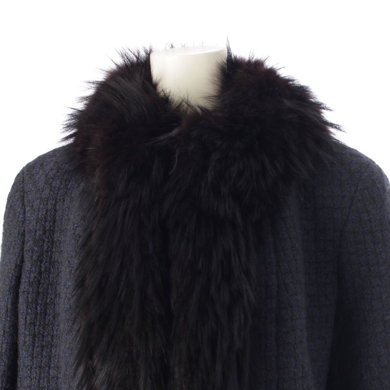 Chanel 00A Wool Nylon Fox Fur Collarless Jacket Outerwear P16217 Navy 44