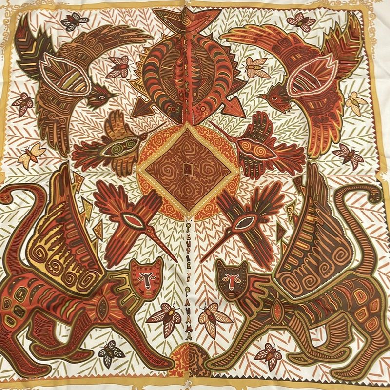 Hermes Scarf Carré 90 Ivory X Brown X Multi Legende KUNA Peuple DE Panama