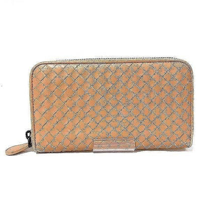 Bottega Veneta Intrecciato Beige Leather Round Zipper Wallet Long Wallet Women