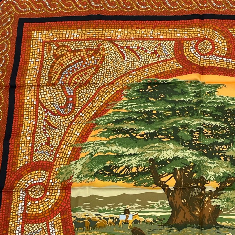 Hermes Carre 90 SOUS LE Cedre Silk Scarf Under Himalayan Cedars Black