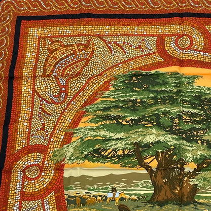 Hermes Carre 90 SOUS LE Cedre Silk Scarf Under Himalayan Cedars Black