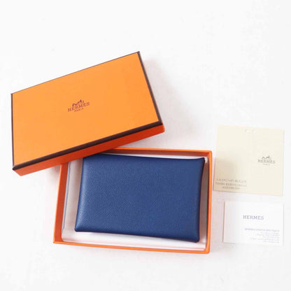 Hermes Calvi Deep Blue Silver Hardware Vaume D'adam Card Case Engraved B With