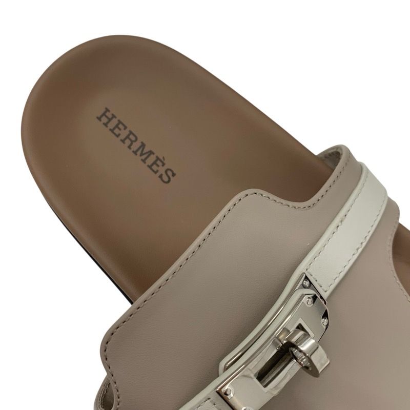 Hermes Empeel Sandals Shoes Leather Brown White Unused Kelly Hardware Mule Flat