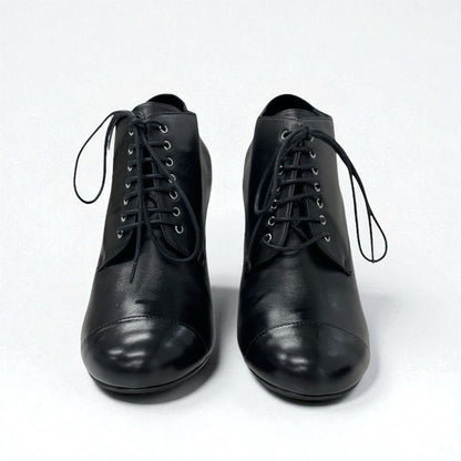 Chanel Boots Short Boots Shoes Leather Black Lace Up Pearl Booties