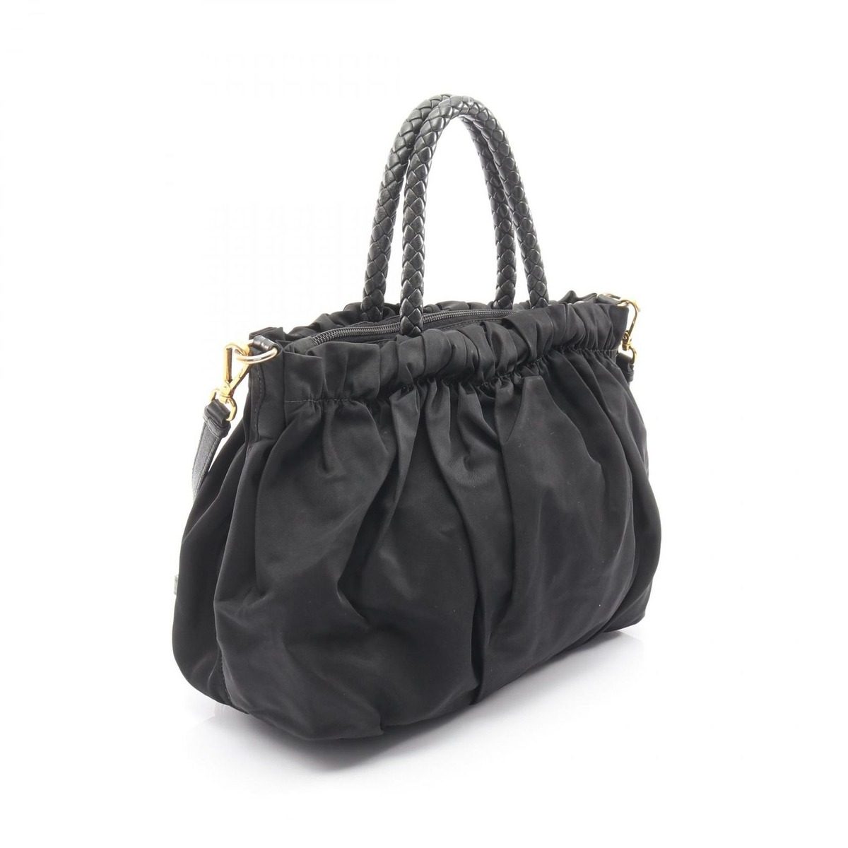 Prada Handbag Tessuto Bow Braided Handle 2-Way Black Nylon Leather Shoulder — view 2