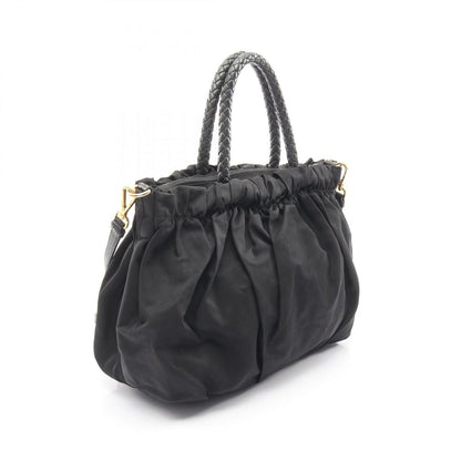 Prada Handbag Tessuto Bow Braided Handle 2-Way Black Nylon Leather Shoulder — view 2