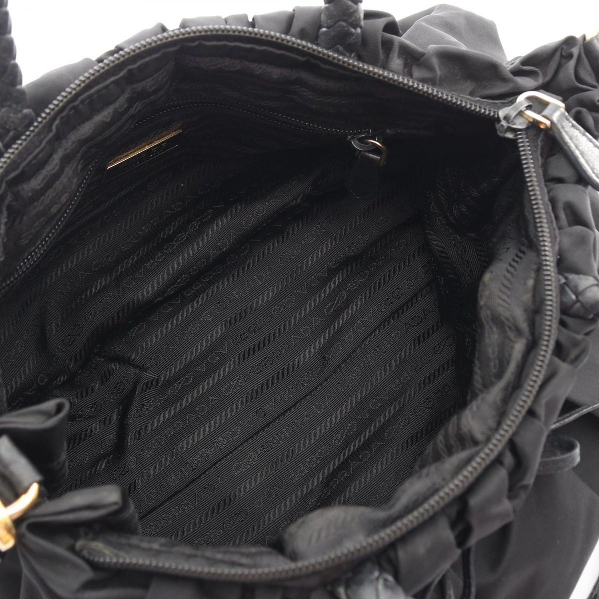 Prada Handbag Tessuto Bow Braided Handle 2-Way Black Nylon Leather Shoulder — view 3