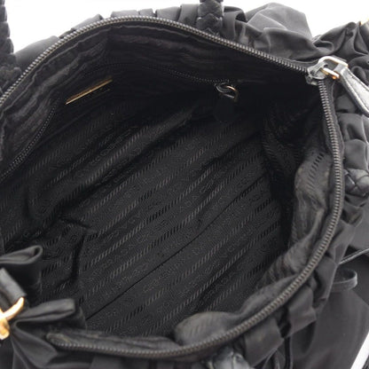Prada Handbag Tessuto Bow Braided Handle 2-Way Black Nylon Leather Shoulder — view 3
